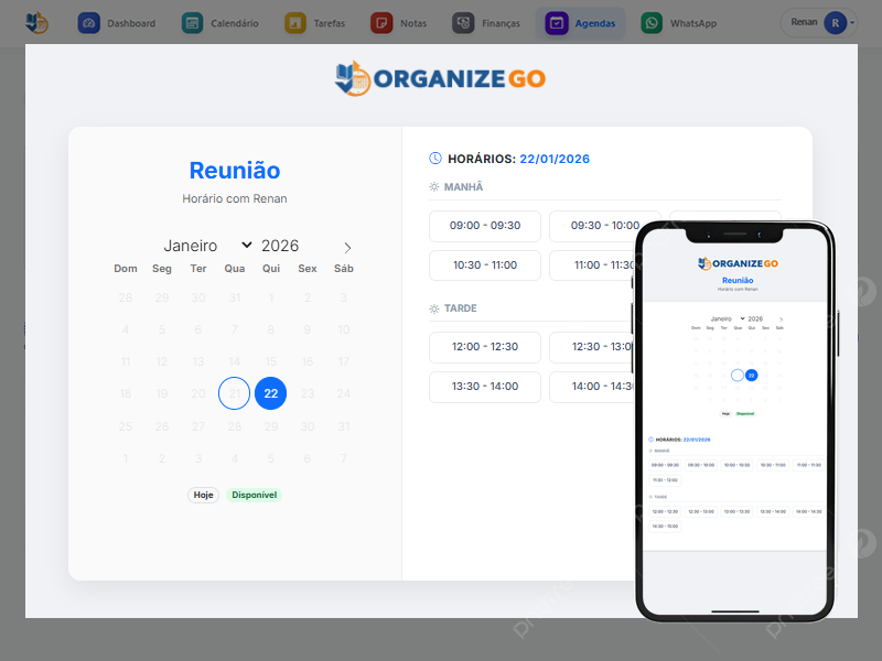 Tela real de agendamento público do OrganizeGo com horários disponíveis e visualização em celular